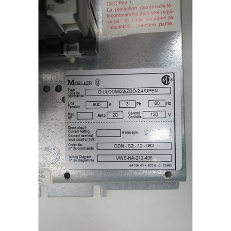 Moeller 120VAc 5Hp Reversing Starter DIUL00M/22/Z00-2.4/OPEN